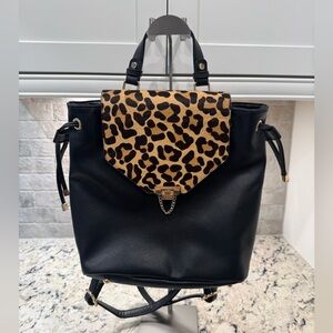 Dune London EUC Black Leather Backpack w/Calf Hair Leopard Print Flap